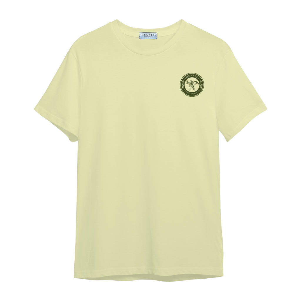 Ornate Beige T-shirt with Khaki Green Print Logo